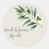 Groene Olijfblad Bone Wit & Goud Rustiek Huwelijk Ronde Sticker (Voorkant)