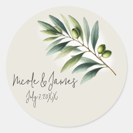 Groene Olijfblad Bone Wit & Goud Rustiek Huwelijk Ronde Sticker (Voorkant)