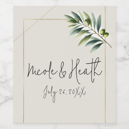 Groene Olijfblad Bone Wit & Goud Rustiek Huwelijk Wijn Etiket (Enkel label)