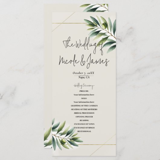 Groene Olijfblad Bone Wit & Goud Rustiek Programma Programmakaart (Voorkant / Achterkant)