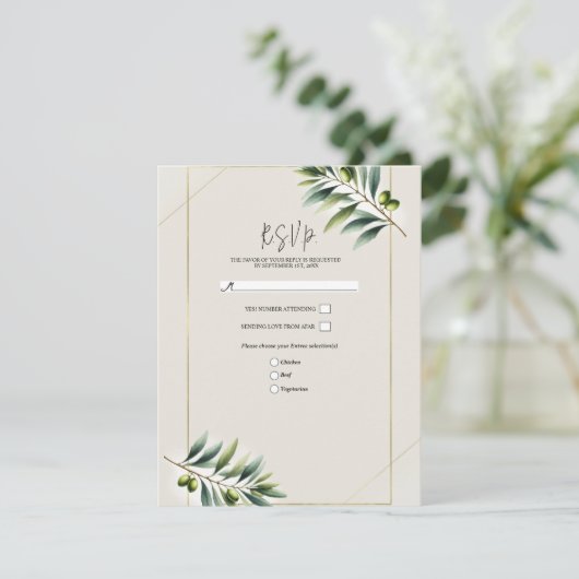 Groene Olijfblad Bone Wit & Goud Rustiek RSVP Kaart (Staand voorkant)