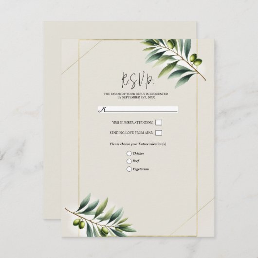 Groene Olijfblad Bone Wit & Goud Rustiek RSVP Kaart (Voorkant / Achterkant)