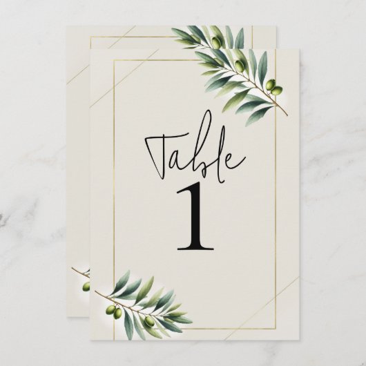 Groene Olijfblad Bone Wit & Goud Tafelnummer (Voorkant / Achterkant)
