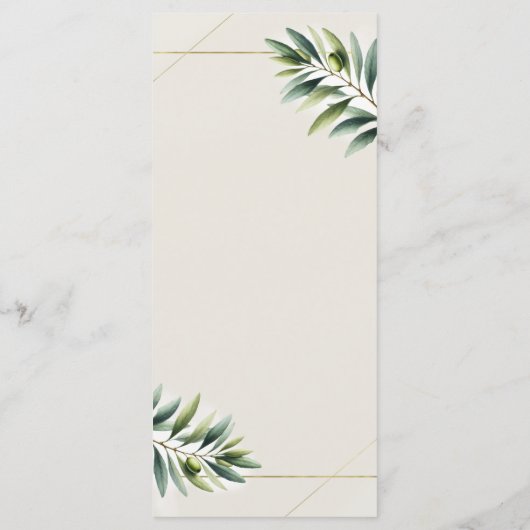 Groene Olijfblad Bone Wit & Goud Wedding Menu (Achterkant)