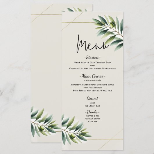 Groene Olijfblad Bone Wit & Goud Wedding Menu (Voorkant / Achterkant)