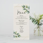 Groene Olijfblad Bone Wit & Goud Wedding Menu (Staand voorkant)