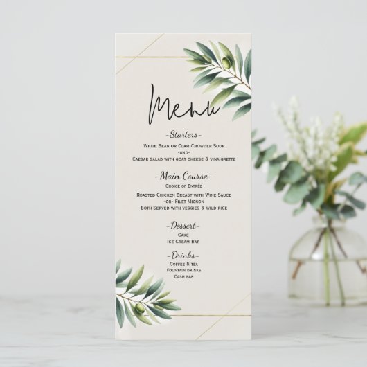 Groene Olijfblad Bone Wit & Goud Wedding Menu (Staand voorkant)