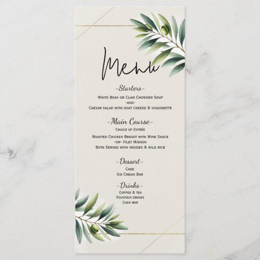 Groene Olijfblad Bone Wit & Goud Wedding Menu (Voorkant)