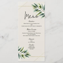 Groene Olijfblad Bone Wit & Goud Wedding Menu