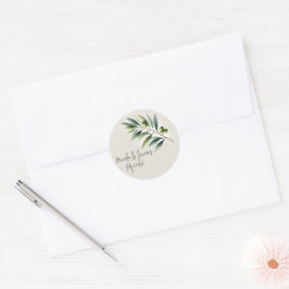 Groene Olijfblad Bot Wit & Goud Landelijke Trouwda Ronde Sticker
