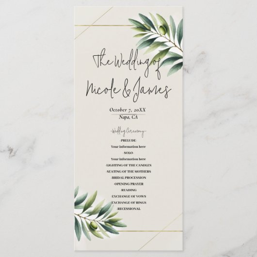 Groene Olijfblad Bot Wit & Goud Rustiek Programma Programmakaart (Voorkant)
