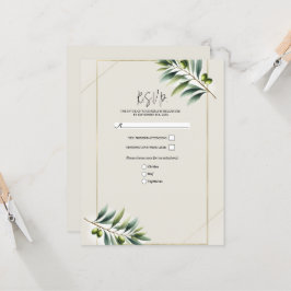 Groene Olijfblad Bot Wit & Goud Rustieke RSVP Kaart