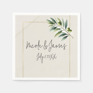Groene Olijfblad Bottenwit & Goud Rustieke Trouwda Servet