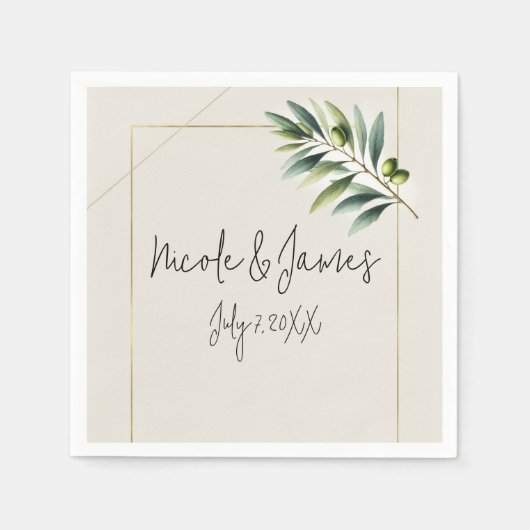 Groene Olijfblad Bottenwit & Goud Rustieke Trouwda Servet (Voorkant)