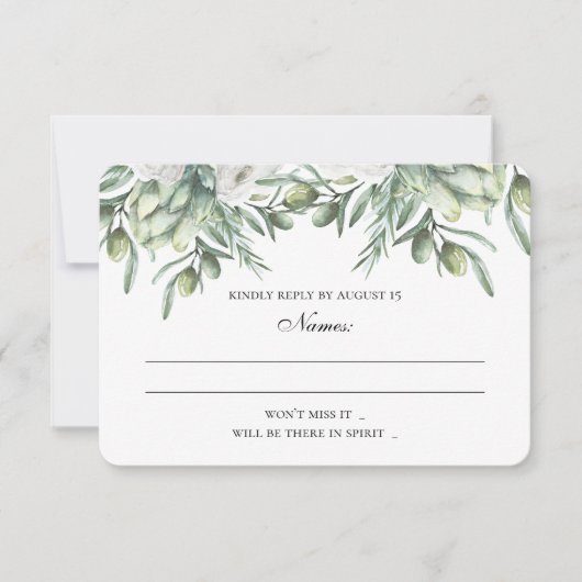 Groene olijfbladeren rsvp. Italiaanse zomer bruilo RSVP Kaartje (Voorkant)