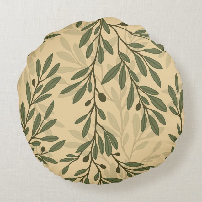 Groene Olijfboom Branch Mediterraan Patroon Rond Kussen (Achterkant)