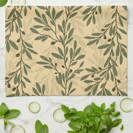 Groene Olijfboom Branch Mediterraan Patroon Theedoek (Gevouwen)