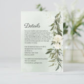Groene Olijfkrans Witte Rozen Bruiloft Details Informatiekaartje (Staand voorkant)