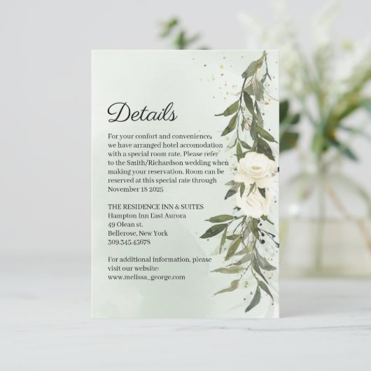 Groene Olijfkrans Witte Rozen Bruiloft Details Informatiekaartje (Staand voorkant)