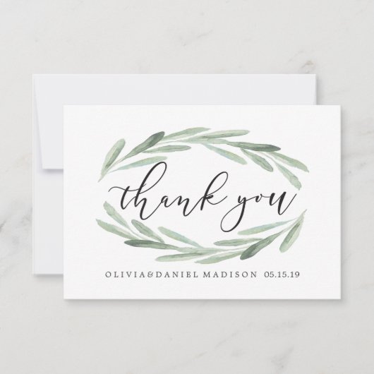 Groene olijftak krans trouwfoto bedankkaart (Voorkant)