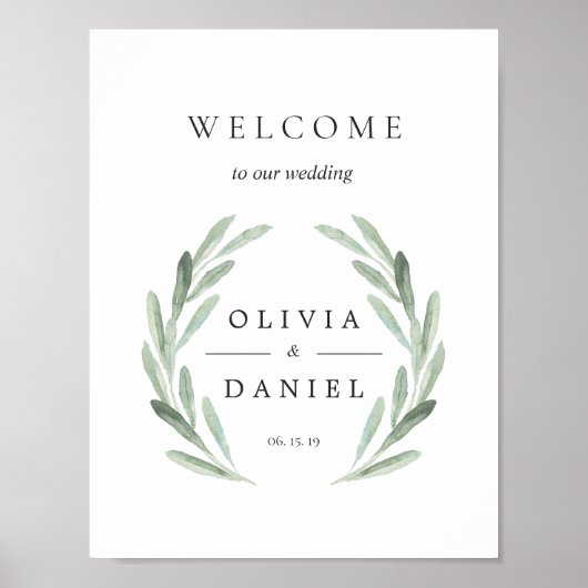 Groene olijftak met welkomstbruiloft poster (Voorkant)