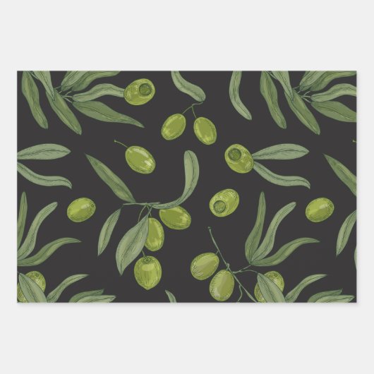 Groene olijven en bladeren inpakpapier vel (Voorkant 3)