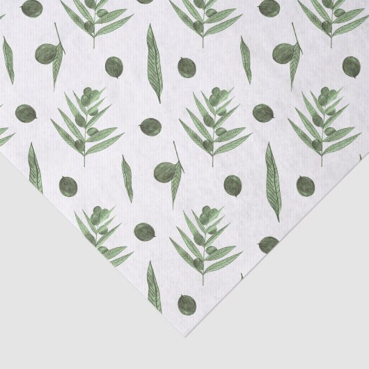 Groene olijven en olijftakken tissuepapier (Detail)