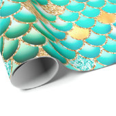 Groene Ombre-Folie en gouden Glitter Mermaid Scale Cadeaupapier (Rol Hoek)