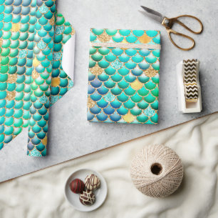 Groene Ombre Folie & Gouden Glitter Zeemeermin Sch Cadeaupapier