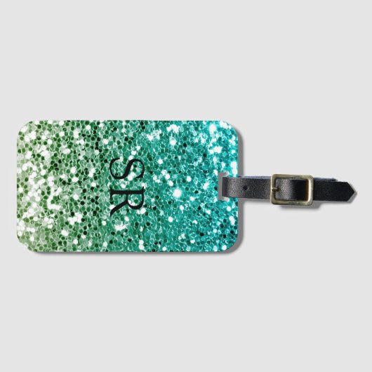 Groene Ombre Glitter Effect Monogram Initialen Bagagelabel (Voorkant (horizontaal))