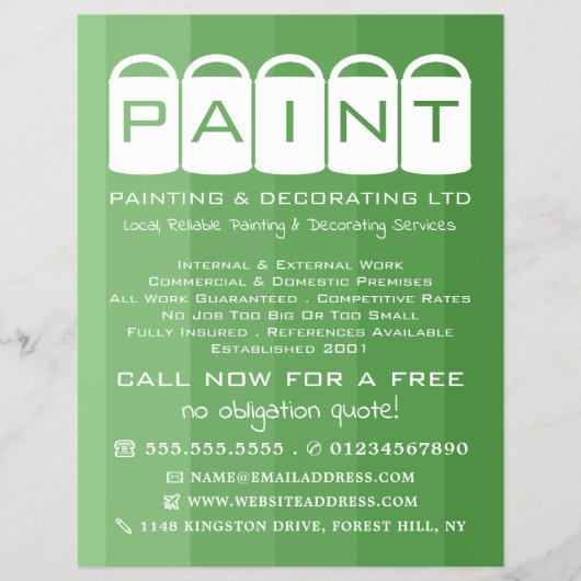 Groene ombre, verf emmers, schilder en decorator flyer (Voorkant)
