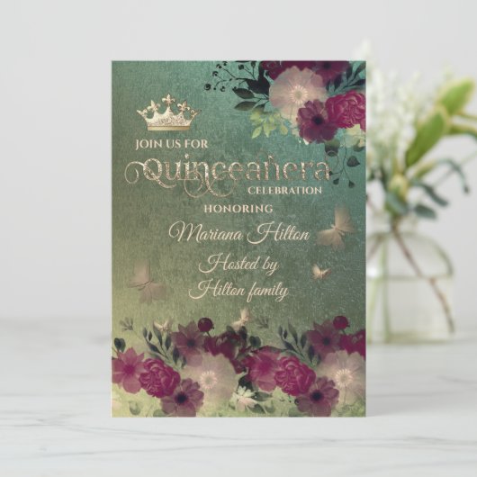 Groene ombre vlinder bloementuin Quinceañera Kaart (Staand voorkant)