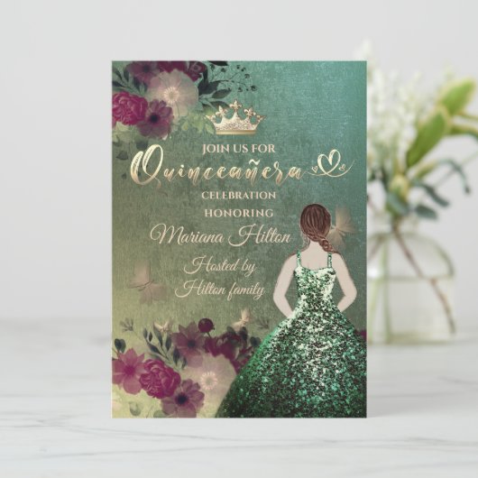 Groene ombre vlinder bloementuin Quinceañera Kaart (Staand voorkant)