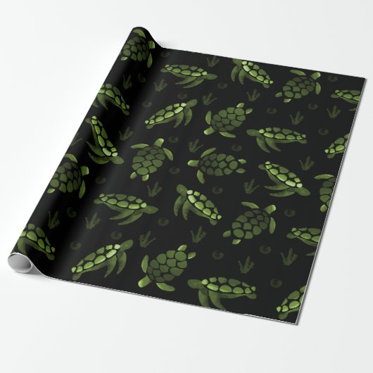 Groene Ombre Waterverf Zee Turtle Print Cadeaupapier (Uitgerold)