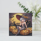 Groene Oog Halloween Heks op Jack-O-Lantern's Feestdagenkaart (Staand voorkant)