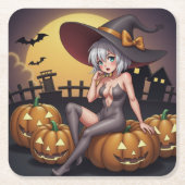 Groene Oog Halloween Heks op Jack-O-Lantern's Kartonnen Onderzetters (Voorkant)