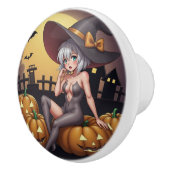 Groene Oog Halloween Heks op Jack-O-Lantern's Keramische Knop (Rechts)