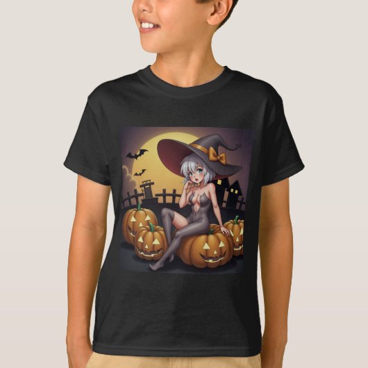 Groene Oog Halloween Heks op Jack-O-Lantern's T-shirt (Voorkant)