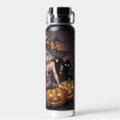 Groene Oog Halloween Heks op Jack-O-Lantern's Waterfles (Achterkant)