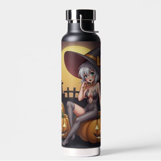 Groene Oog Halloween Heks op Jack-O-Lantern's Waterfles (Links)