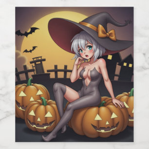 Groene Oog Halloween Heks op Jack-O-Lantern's Wijn Etiket