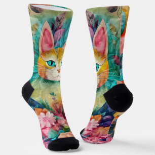 Groene Oog Kat Omringd door een Reeks Bloemen Sokken