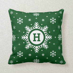 Groene op maat gemaakte monogram Kerstsneeuwvlok k Kussen