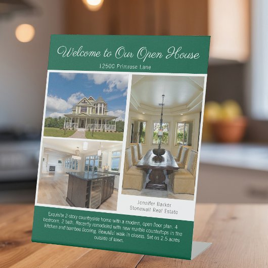 Groene Open Huis Vastgoed Listing Foto Reclamebord Met Voetstuk