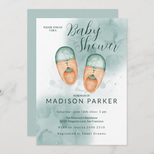 Groene & Oranje Baby Schoenen Uitnodiging (Voorkant / Achterkant)