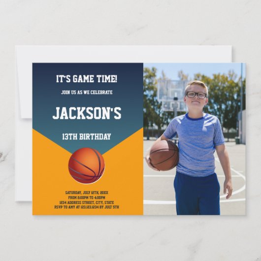 Groene & Oranje Basketbal Uitnodigingen met Foto (Voorkant)