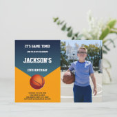 Groene & Oranje Basketbal Uitnodigingen met Foto (Staand voorkant)