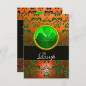 GROENE ORANJE DAMASK MET SHAMROCK, RSVP zwart (Voorkant / Achterkant)