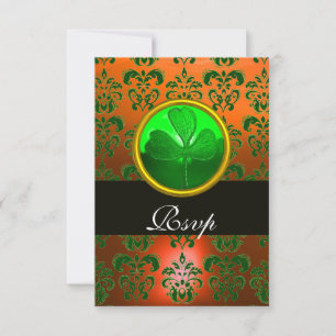 GROENE ORANJE DAMASK MET SHAMROCK, RSVP zwart Kaartje