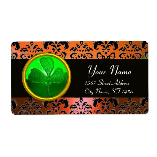 GROENE ORANJE DAMASK MET SHAMROCK, zwart Etiket (Voorkant)